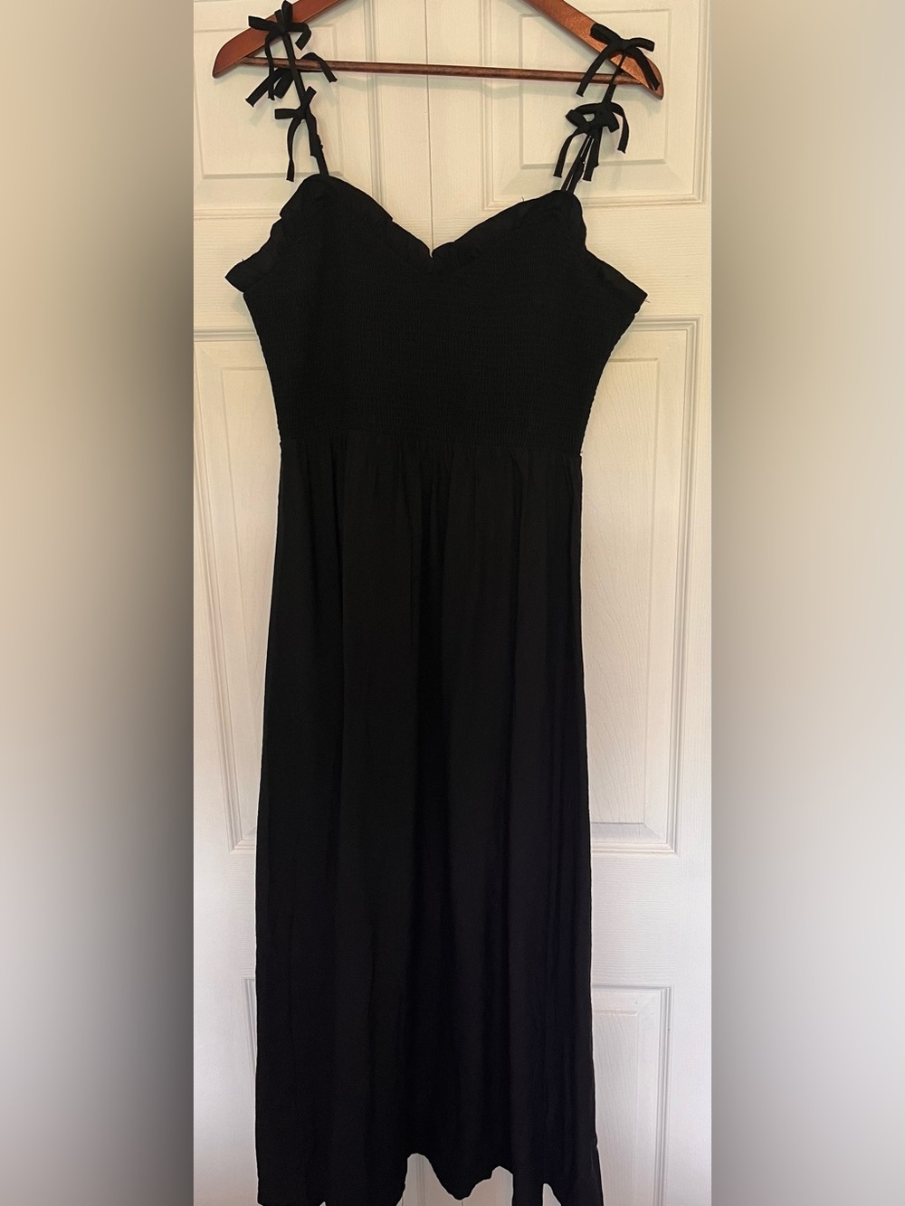 Smocked Black Maxi Dress with Tie Shoulder Straps